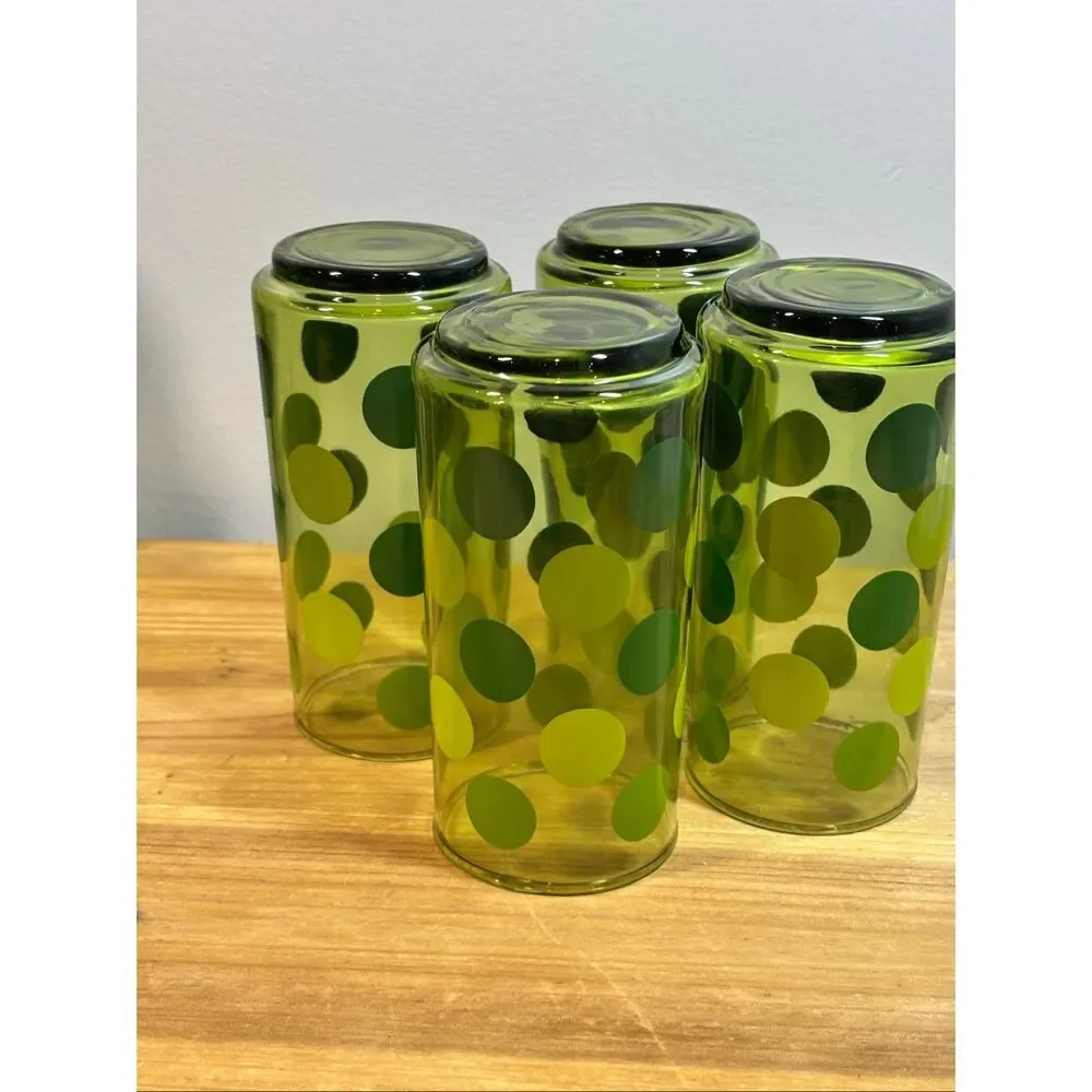 Vintage 1970s green polka dot highball glasses set of 4